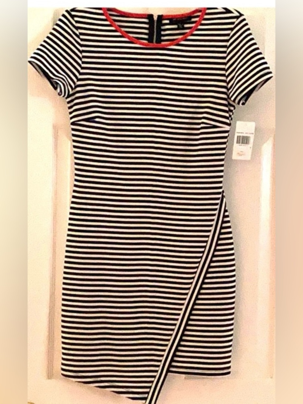 City Triangles Black & White Striped Short Sleeve Mini Dress W/Red Trim, Sz: XL